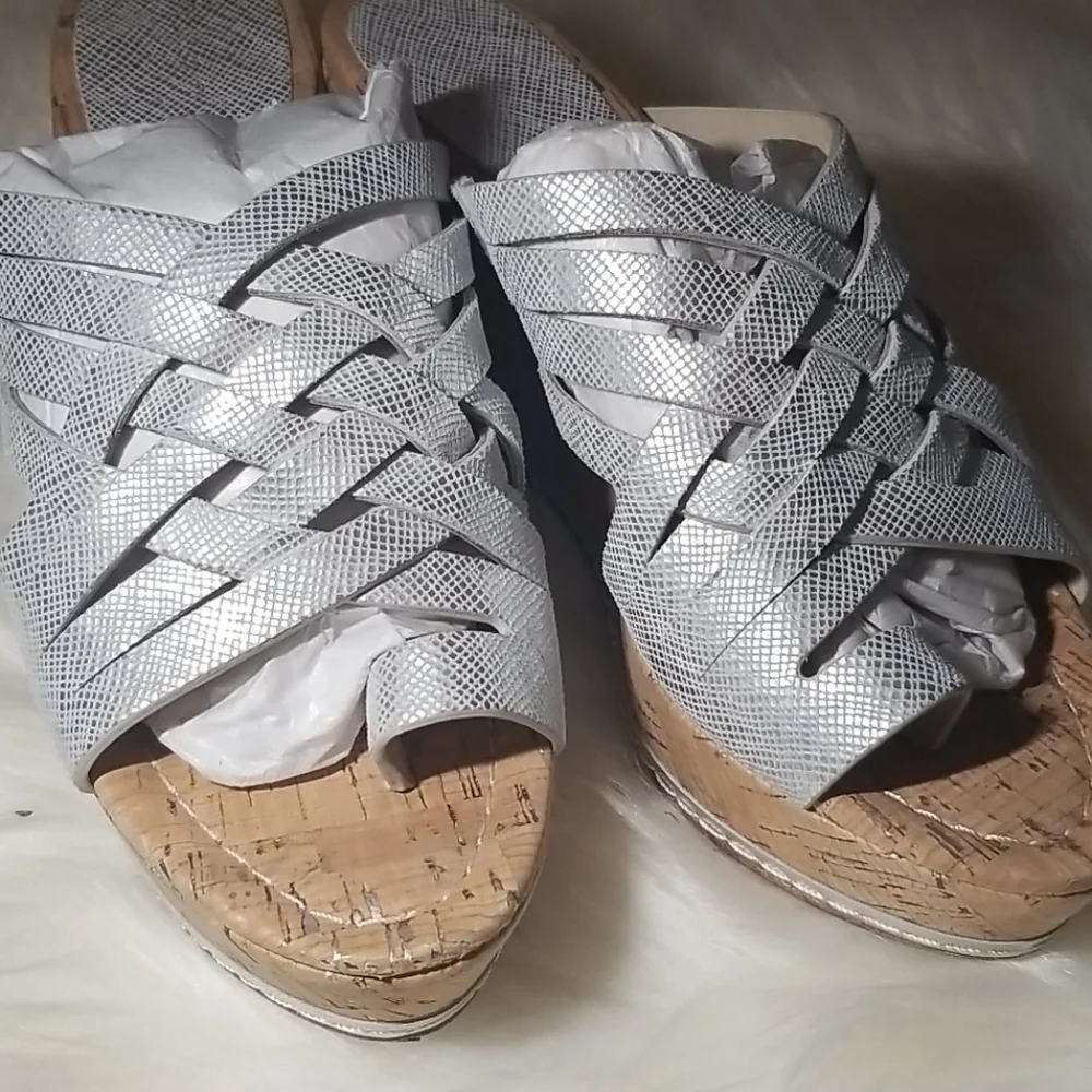 Donald J. Pliner Silver Leather Cork Wedge Sandals
